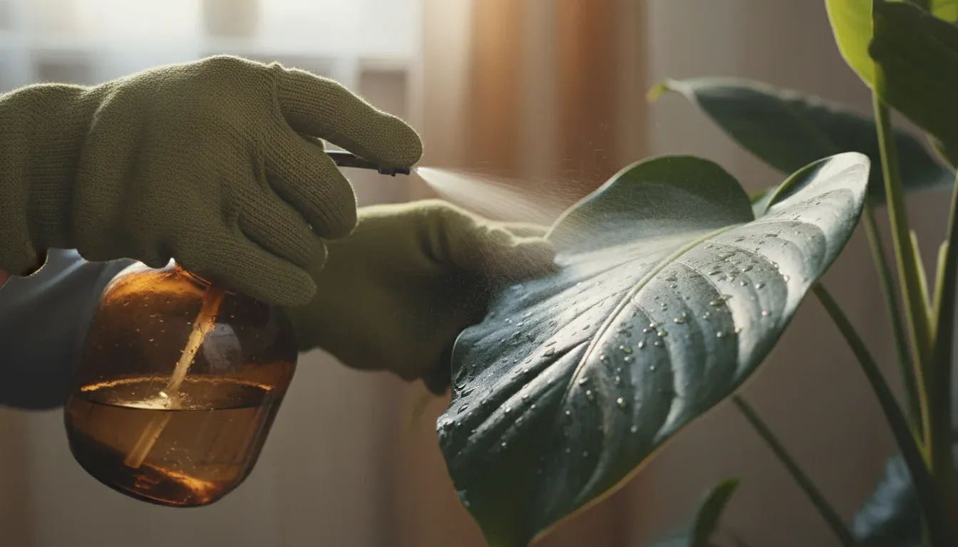 Gloved hands spraying a houseplant leaf with a spray bottle