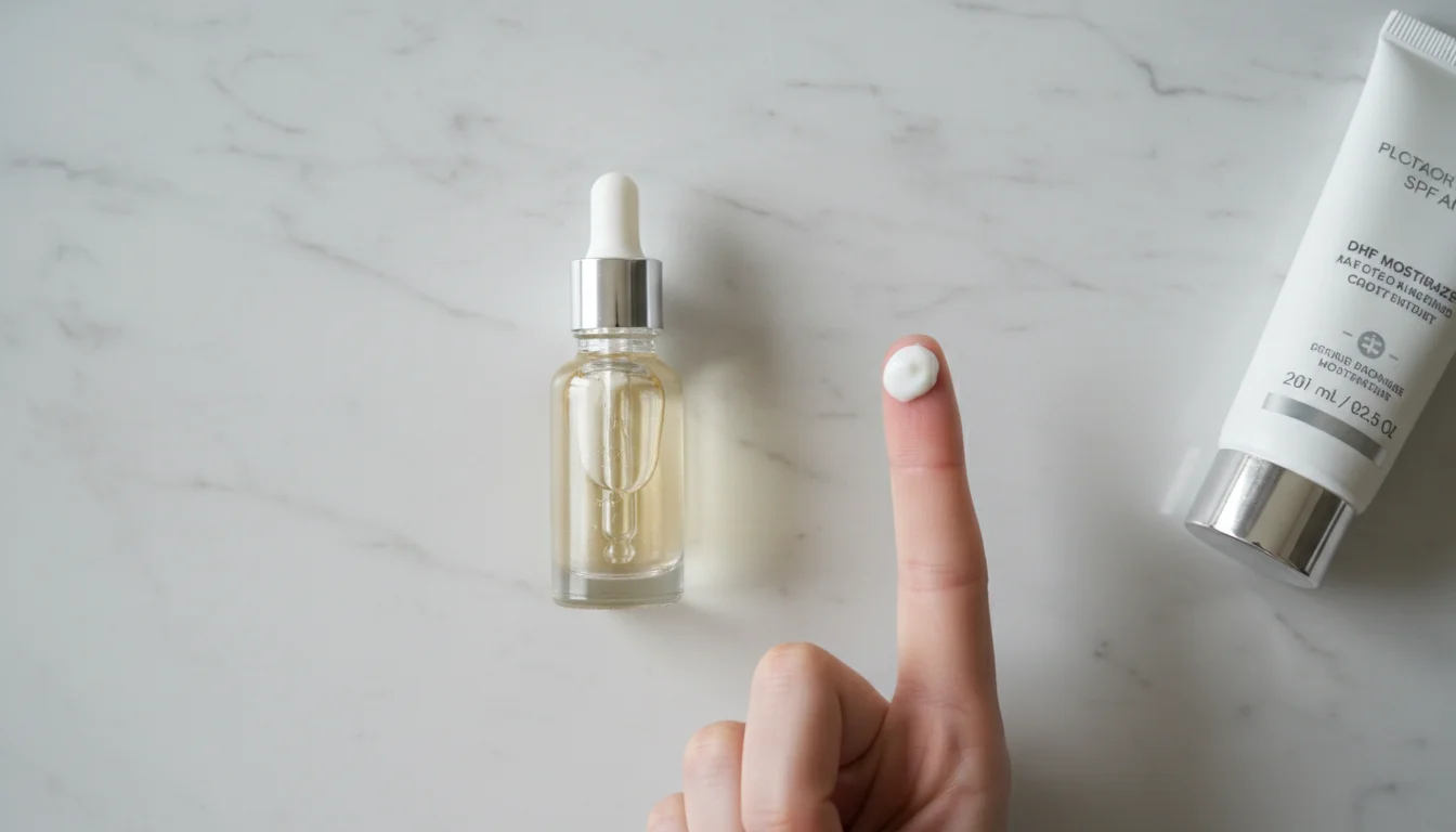 Retinol serum and sunscreen products on a bathroom counter