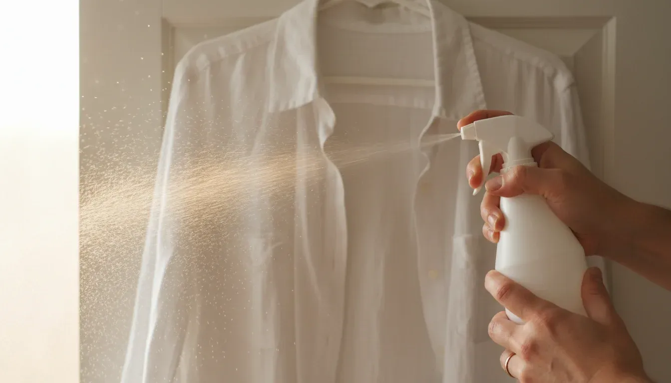 Hands spraying wrinkle-release solution onto a hanging shirt