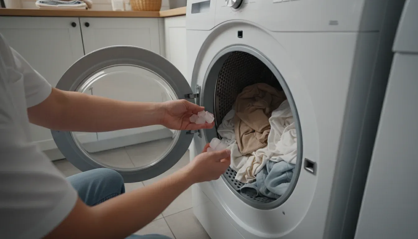 Hands adding ice cubes to clothes in a dryer