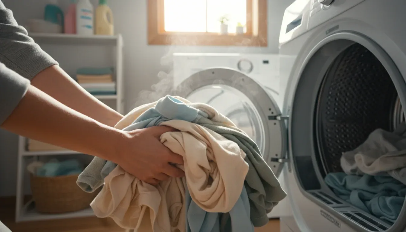 Hands removing warm clothes from dryer
