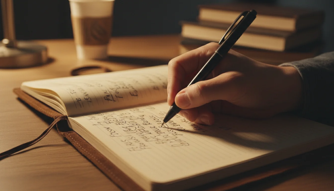 Hands writing rapidly in a notebook during a freewriting session