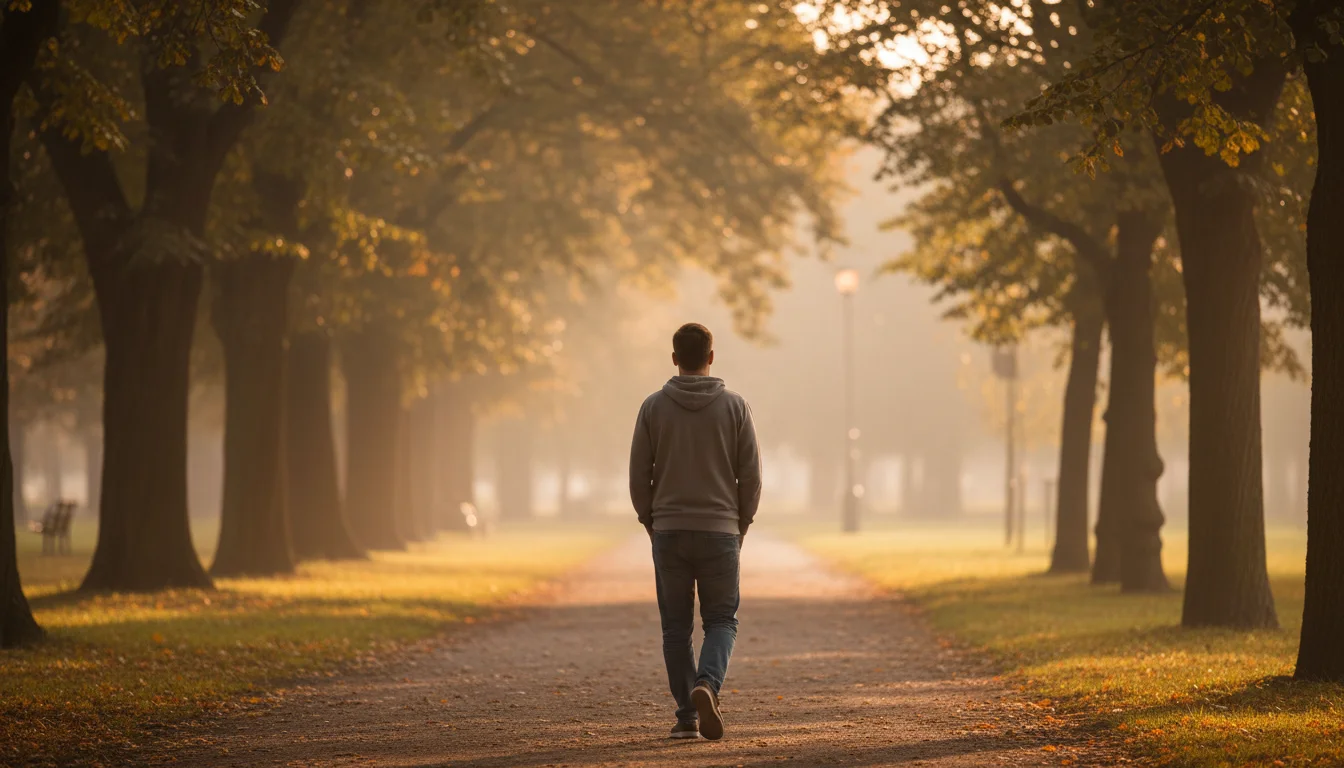 Person taking a solitary walk through a tree-lined park path