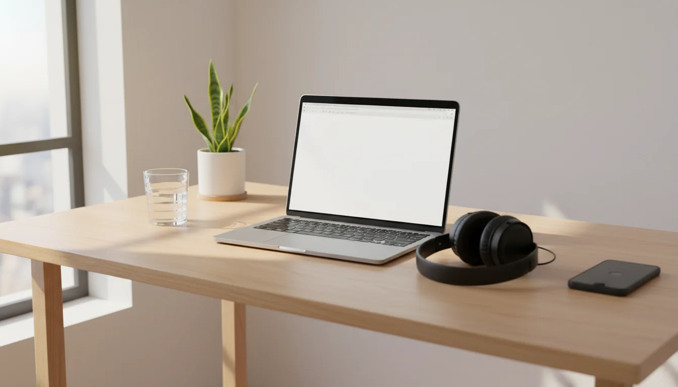 Minimal distraction-free writing workspace with laptop and headphones