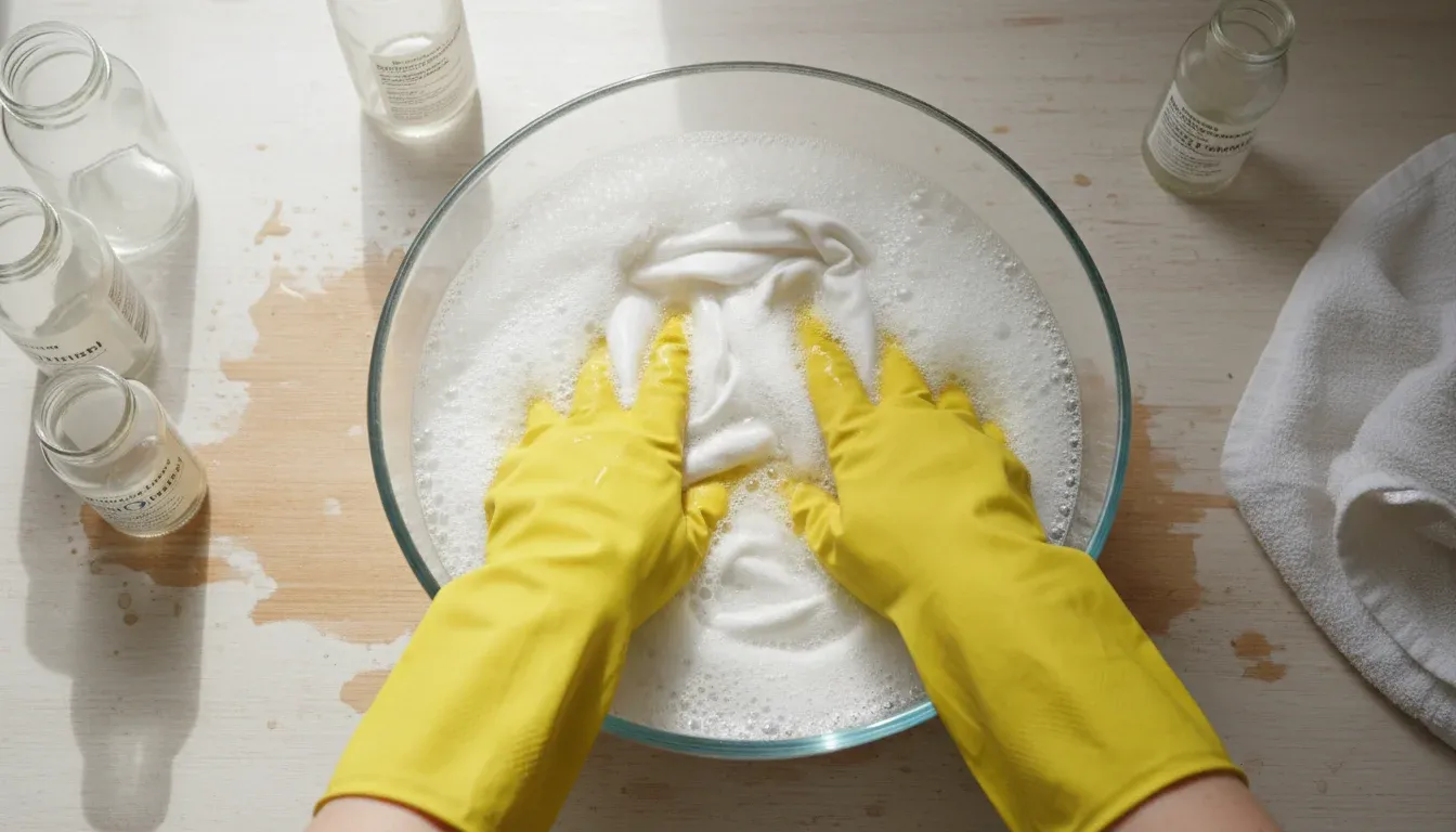 gloved hands soaking white garment in hydrogen peroxide solution