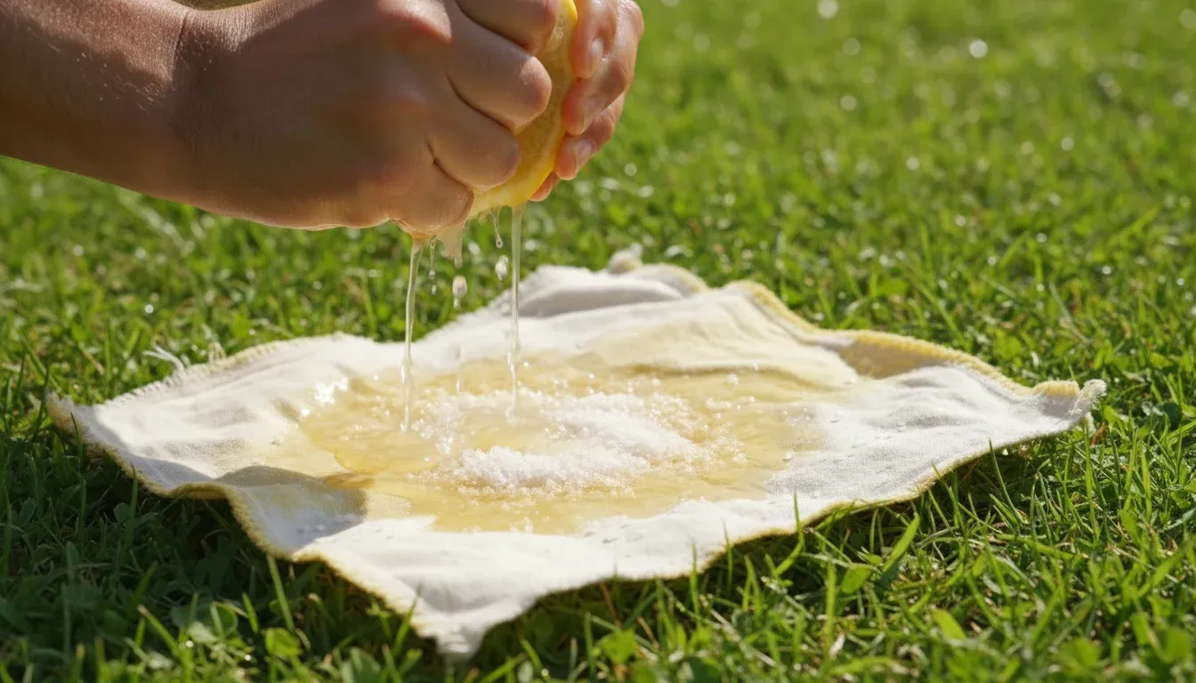 hands applying lemon juice and salt to yellowed fabric in sunlight