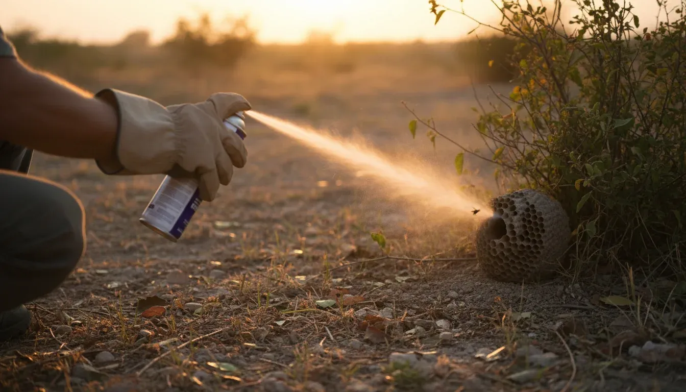 gloved hand spraying wasp killer at ground nest from distance