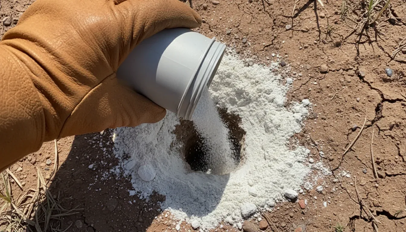 pouring diatomaceous earth powder around yellow jacket ground nest entrance