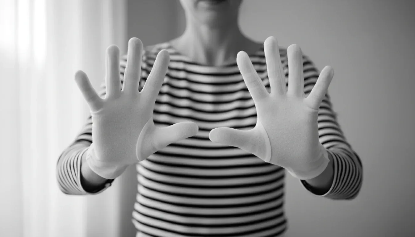 hands in white mime gloves pushing against invisible wall