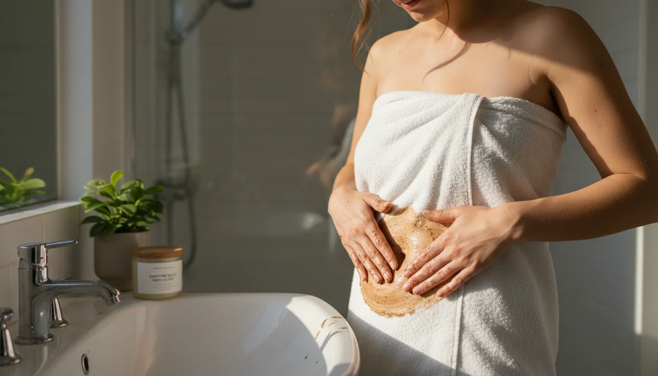 Applying caffeinated body scrub to reduce belly cellulite