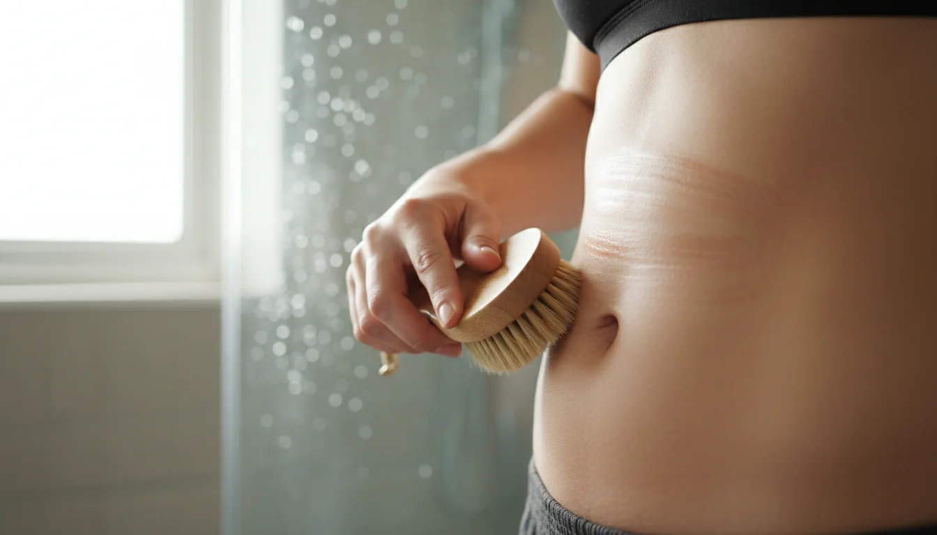 Dry brushing technique applied to belly skin