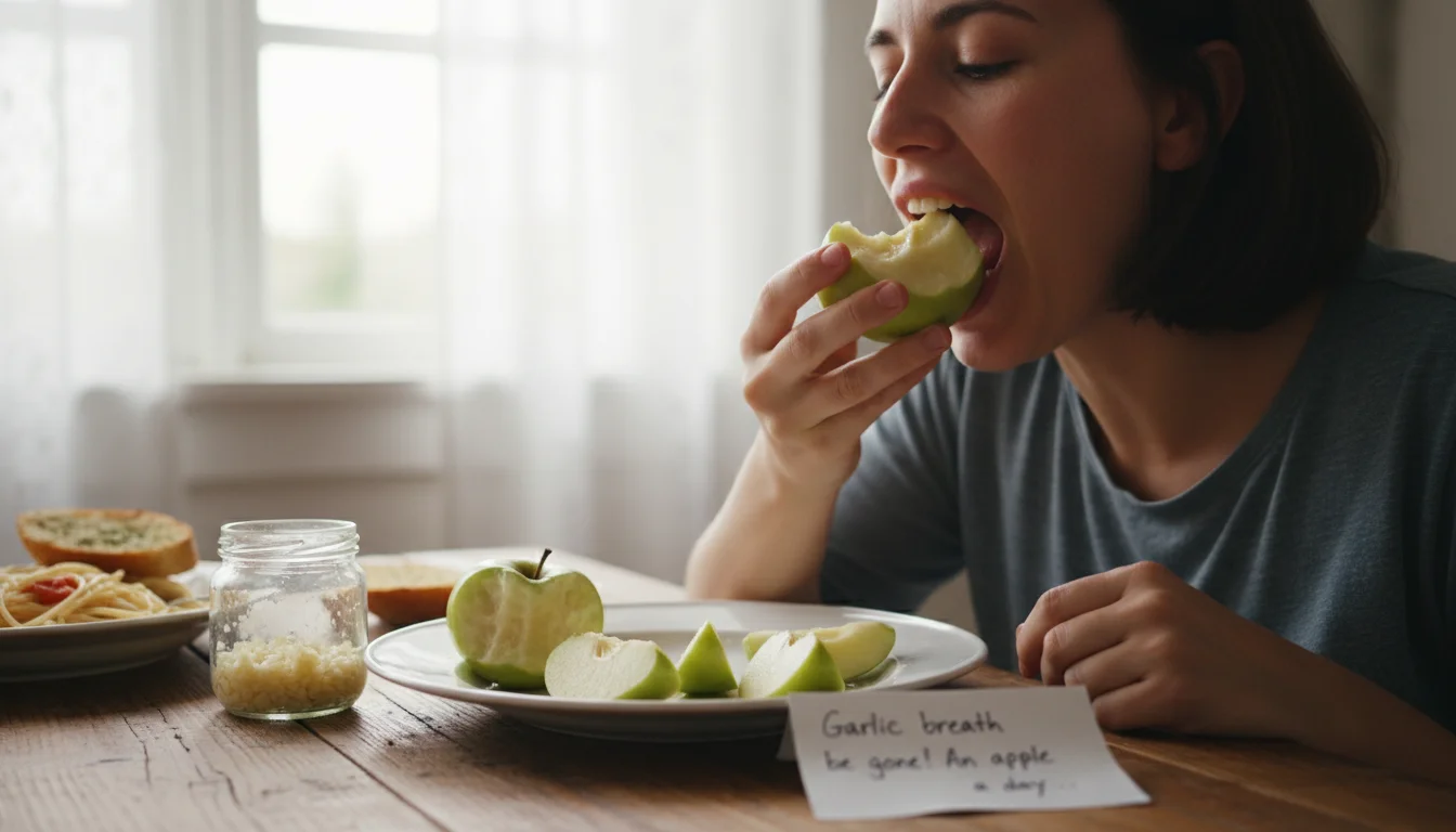 Eating an apple to help neutralize garlic breath