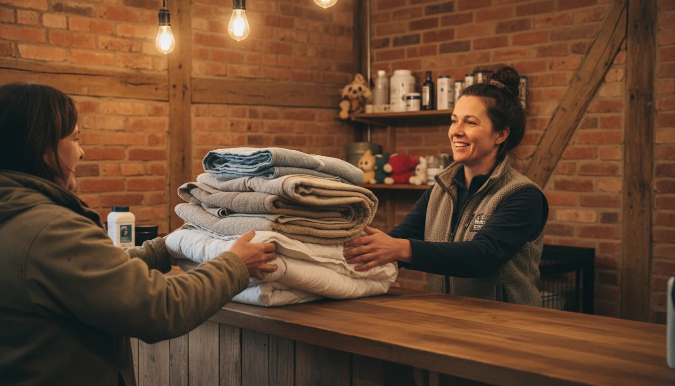 Donating old duvets and bedding to an animal shelter - a woman handing textile donations to a shelter worker