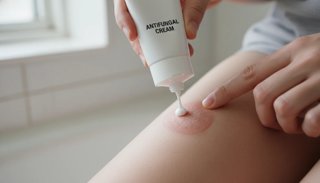 Applying antifungal cream to jock itch rash on inner thigh