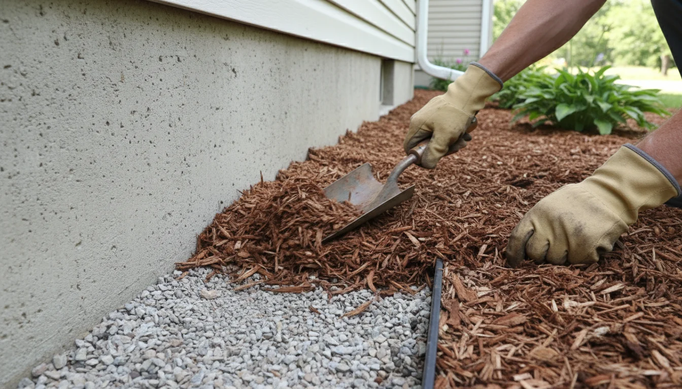 Clearing wood mulch from foundation perimeter to create a dry barrier zone