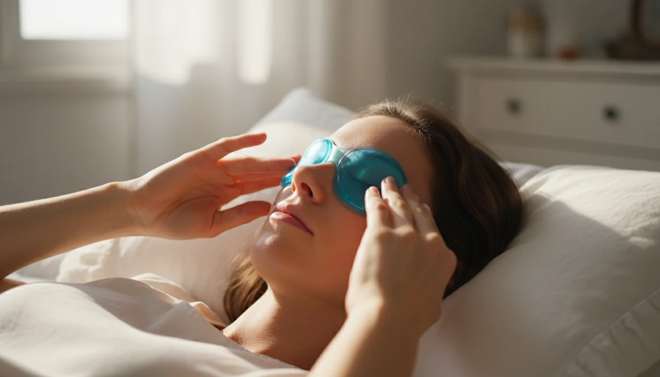 Cooling eye mask applied to reduce eye puffiness