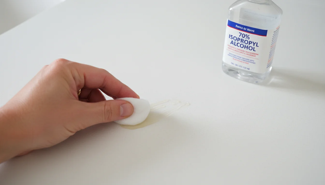 Using rubbing alcohol on a cotton ball to dissolve tape residue from a countertop