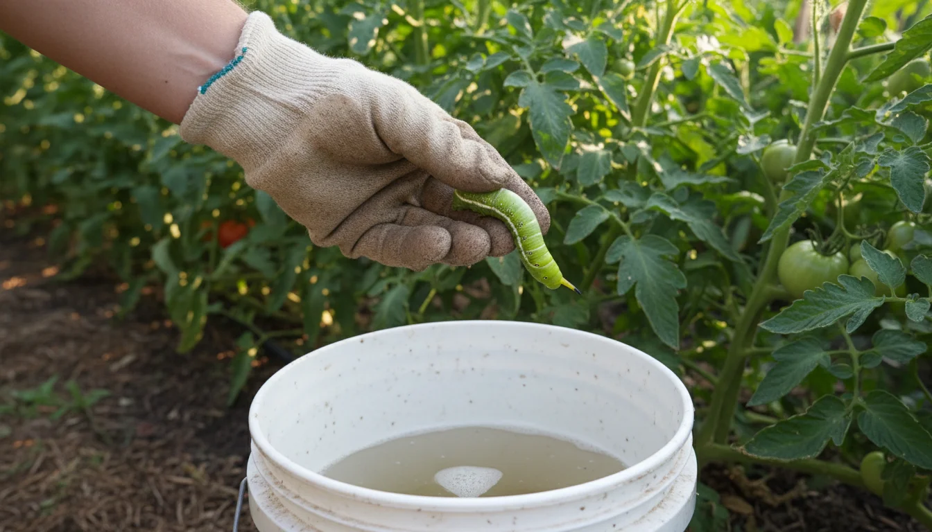 Gloved hand dropping a tomato hornworm into a bucket of soapy water during hand-picking removal