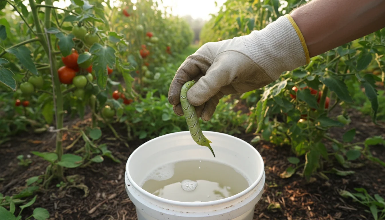 Hand-picking a tomato hornworm into a bucket of soapy water