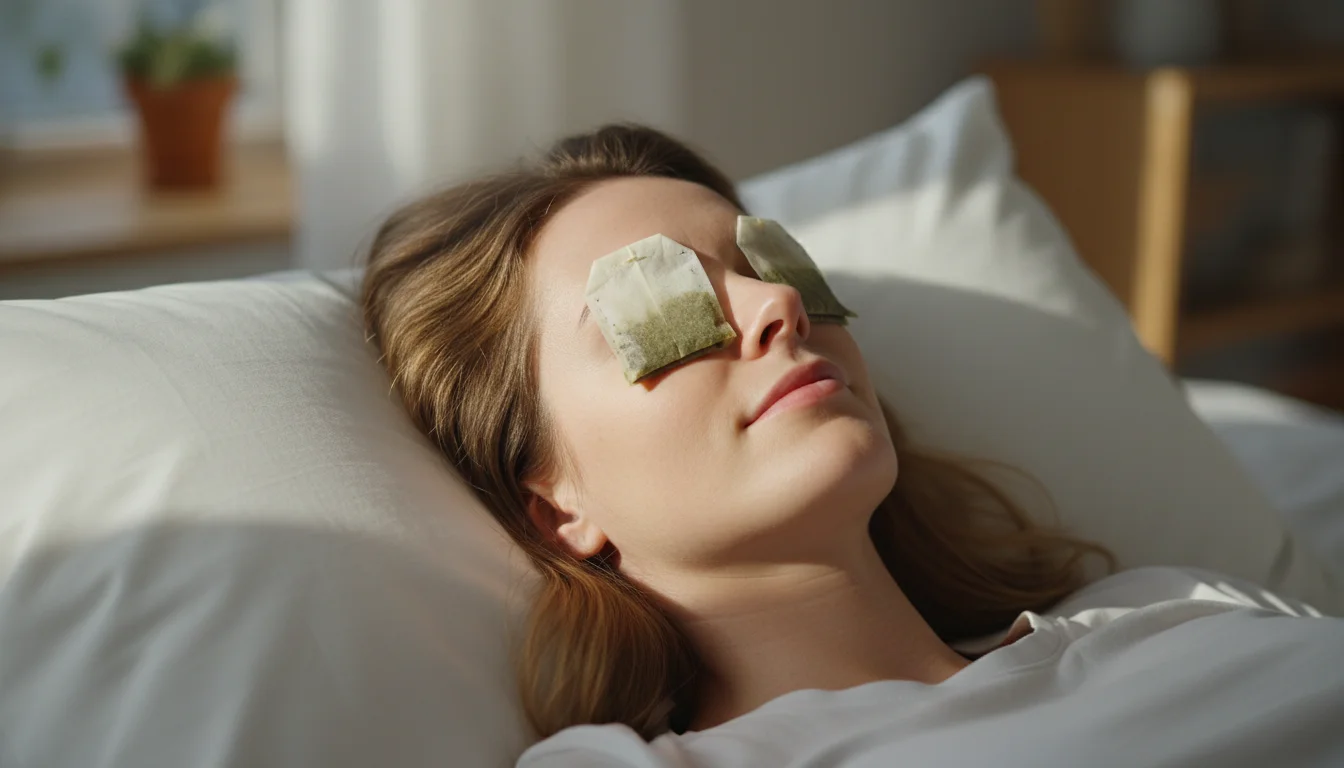 Tea bags placed on closed eyes to reduce under-eye puffiness
