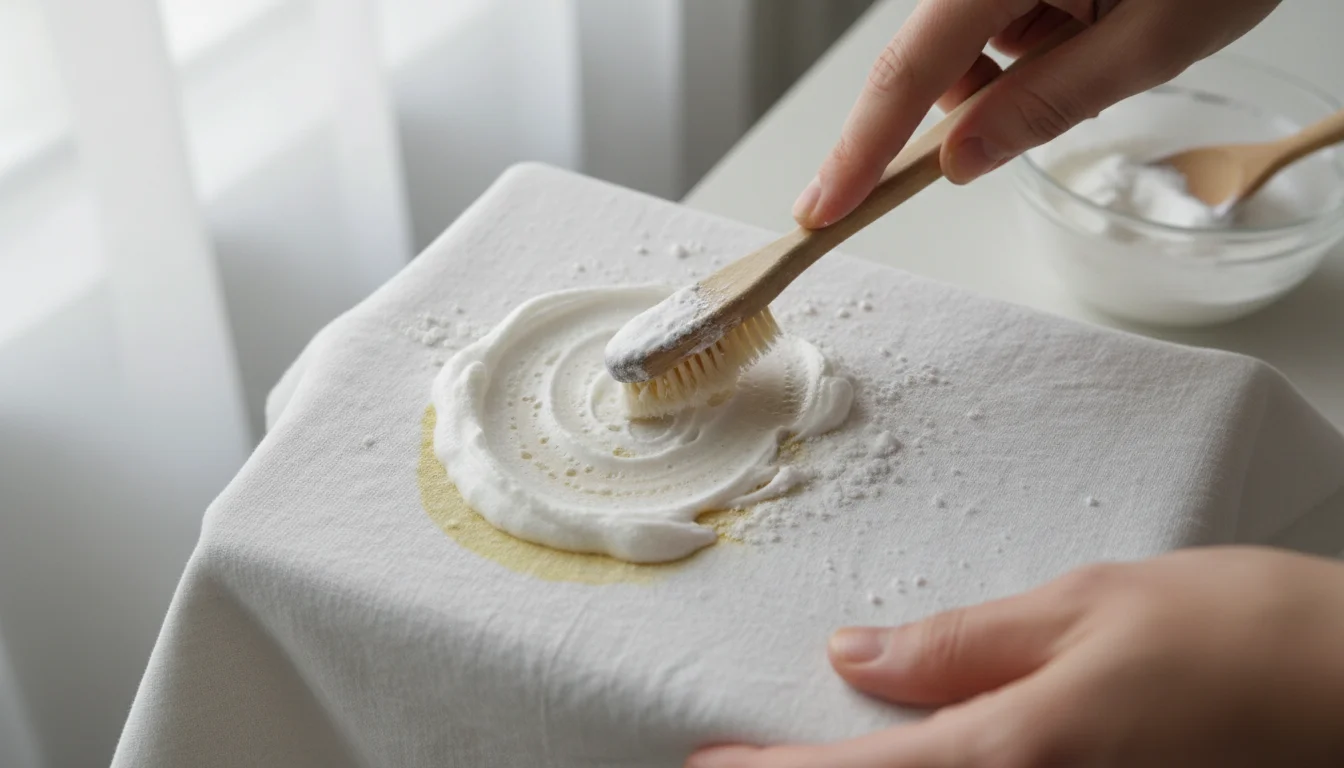 Applying baking soda and hydrogen peroxide paste to yellow bleach stain with toothbrush