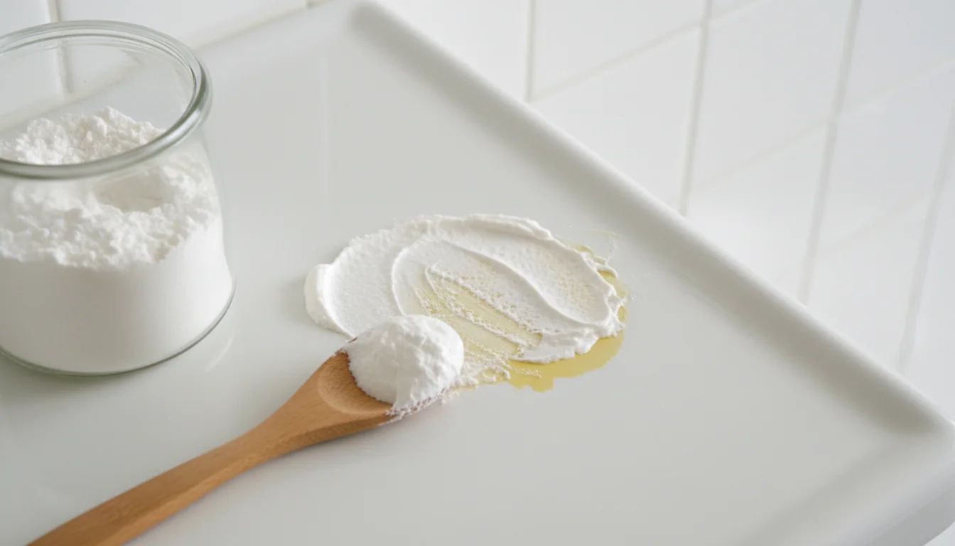 Cream of tartar paste applied to yellow bleach stain on white porcelain countertop